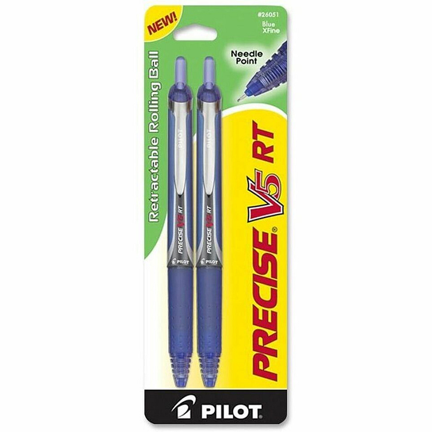 Pilot Precise V5 RT Extra-Fine Premium Retractable Rolling Ball Pens 0.5 mm Extra Fine Needle Pen Point - Refillable - Retractable - Blue Ink - Blue Barrel - 2 / Pack (26051)