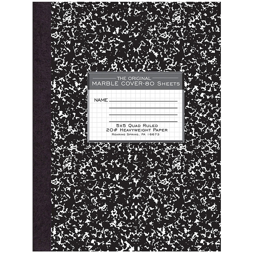 Roaring Spring Black Marble Composition Book 80 Sheets - 160 Pages - Printed - Sewn/Tapebound - Both Side Ruling Surface - 20 lb Basis Weight - 10 1/4" x 7 7/8" Sheet Size - 0.50" Height x 7.9" Width x 10.3" Length - White Paper - Black Binding -  (77475)