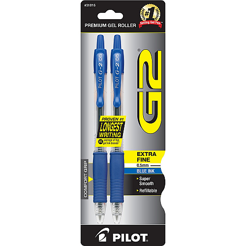 Pilot G2 Retractable Gel Ink Rollerball Pens 0.5 mm Fine Pen Point - Refillable - Retractable - Blue Ink - Gel-based - 2 / Pack (31015)