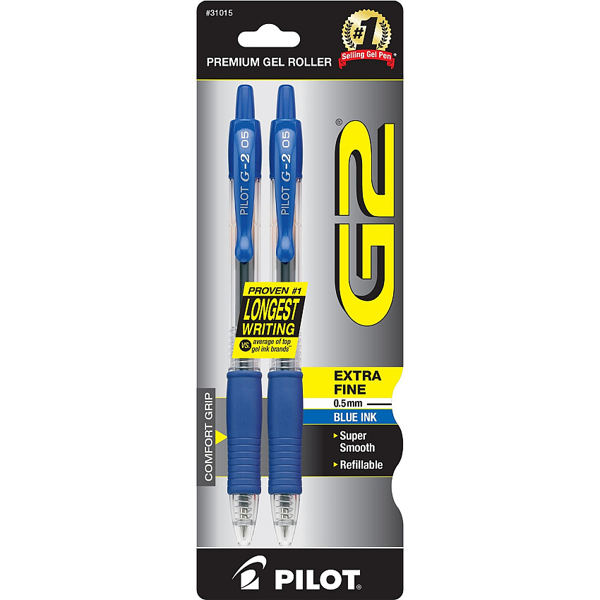 Pilot G2 Retractable Gel Ink Rollerball Pens 0.5 mm Fine Pen Point - Refillable - Retractable - Blue Ink - Gel-based - 2 / Pack (31015)