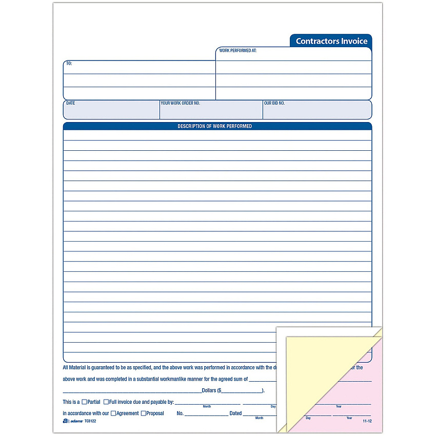 Adams Contractor's Invoice Book 50 Sheet(s) - 3 Part - Carbonless Copy - 8.37" x 11" Sheet Size - White - 1 Each (TC8122)