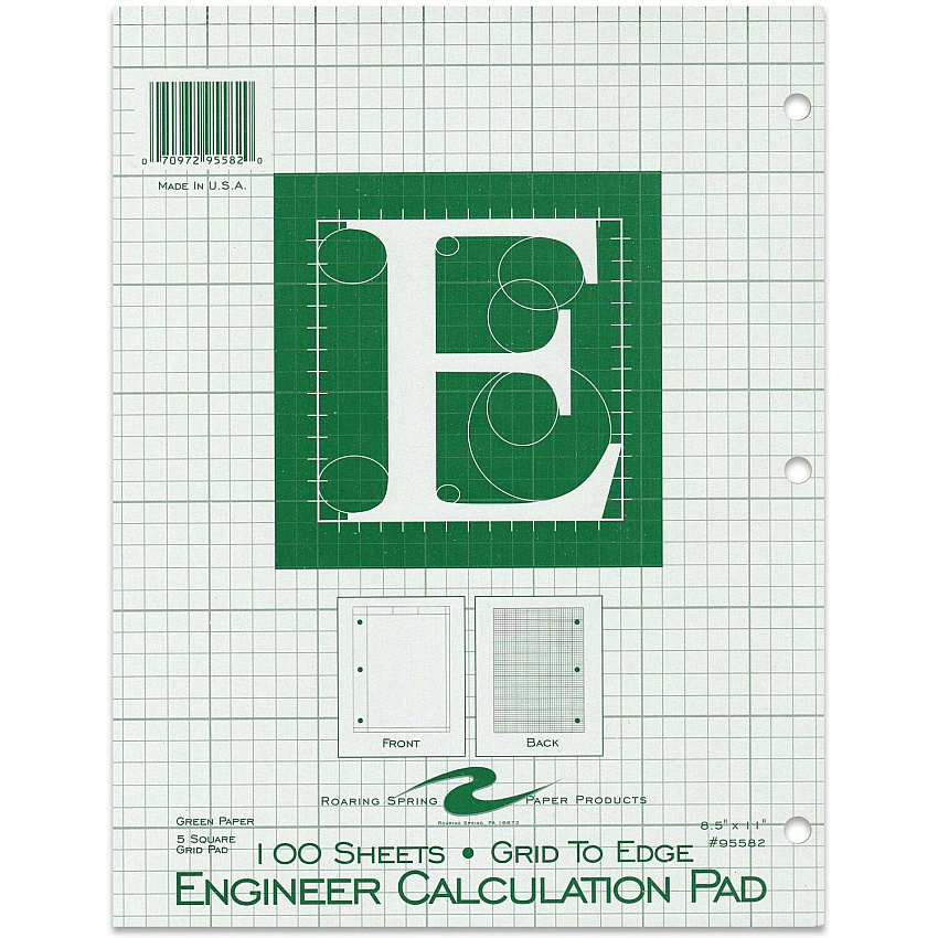 Roaring Spring 5x5 Grid Engineering Pad 100 Sheets - 200 Pages - Printed - Glued - Back Ruling Surface - 3 Hole(s) - 15 lb Basis Weight - 56 g/m² Grammage - 11" x 8 1/2" Sheet Size - 0.33" Height x 8.5" Width x 11" Length - Green Paper - Chip (95582)
