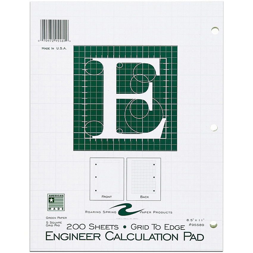 Roaring Spring 5x5 Grid Engineering Pad 200 Sheets - 400 Pages - Printed - Glued - Back Ruling Surface - 3 Hole(s) - 15 lb Basis Weight - 56 g/m² Grammage - 11" x 8 1/2" Sheet Size - 0.66" Height x 8.5" Width x 11" Length - Green Paper - Chip (95589)