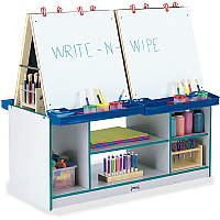 Jonti-Craft Rainbow Accents 4 Station Art Center Freckled Gray, Teal Stand - Floor Standing - Removable Easel, Storage Shelf, Chip Resistant, Wheels, Durable, Laminated, Easy to Clean, Wipeable - Assembly Required - 1 Each (0294JCWW005)