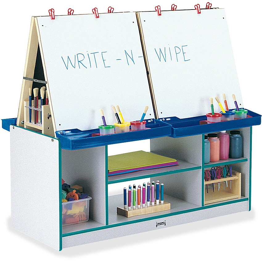 Jonti-Craft Rainbow Accents 4 Station Art Center Freckled Gray, Teal Stand - Floor Standing - Removable Easel, Storage Shelf, Chip Resistant, Wheels, Durable, Laminated, Easy to Clean, Wipeable - Assembly Required - 1 Each (0294JCWW005)