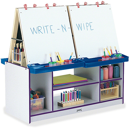 Jonti-Craft Rainbow Accents 4 Station Art Center Freckled Gray, Purple Stand - Floor Standing - Removable Easel, Storage Shelf, Chip Resistant, Wheels, Durable, Laminated, Easy to Clean, Wipeable - Assembly Required - 1 Each (0294JCWW004)