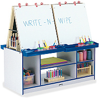 Jonti-Craft Rainbow Accents 4 Station Art Center Freckled Gray, Blue Stand - Floor Standing - Removable Easel, Storage Shelf, Chip Resistant, Wheels, Durable, Laminated, Easy to Clean, Wipeable - Assembly Required - 1 Each (0294JCWW003)