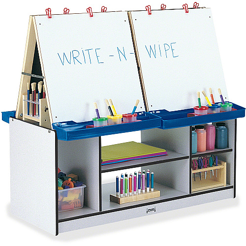 Jonti-Craft Rainbow Accents 4 Station Art Center Freckled Gray, Black Stand - Floor Standing - Removable Easel, Storage Shelf, Chip Resistant, Wheels, Durable, Laminated, Easy to Clean, Wipeable - Assembly Required - 1 Each (0294JCWW180)