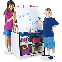 Jonti-Craft Rainbow Accents 2 Station Art Center Freckled Gray, Black Stand - Floor Standing - Storage Shelf, Chip Resistant, Wheels, Durable, Easy to Clean, Removable Easel, Storage Shelf - Assembly Required - 1 Each (0289JCWW180)