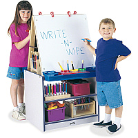 Jonti-Craft Rainbow Accents 2 Station Art Center Freckled Gray, Navy Stand - Floor Standing - Storage Shelf, Chip Resistant, Wheels, Durable, Easy to Clean, Removable Easel, Storage Shelf - Assembly Required - 1 Each (0289JCWW112)