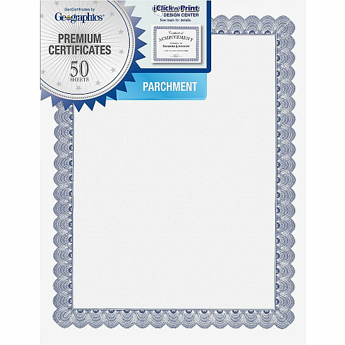 FranklinCovey Geographics Conventional Blue Certificate 24 lb Basis Weight - 11" Width x 8.5" Length - Inkjet, Laser Compatible - Blue with White Border - Parchment Paper - 50 / Pack (20008)