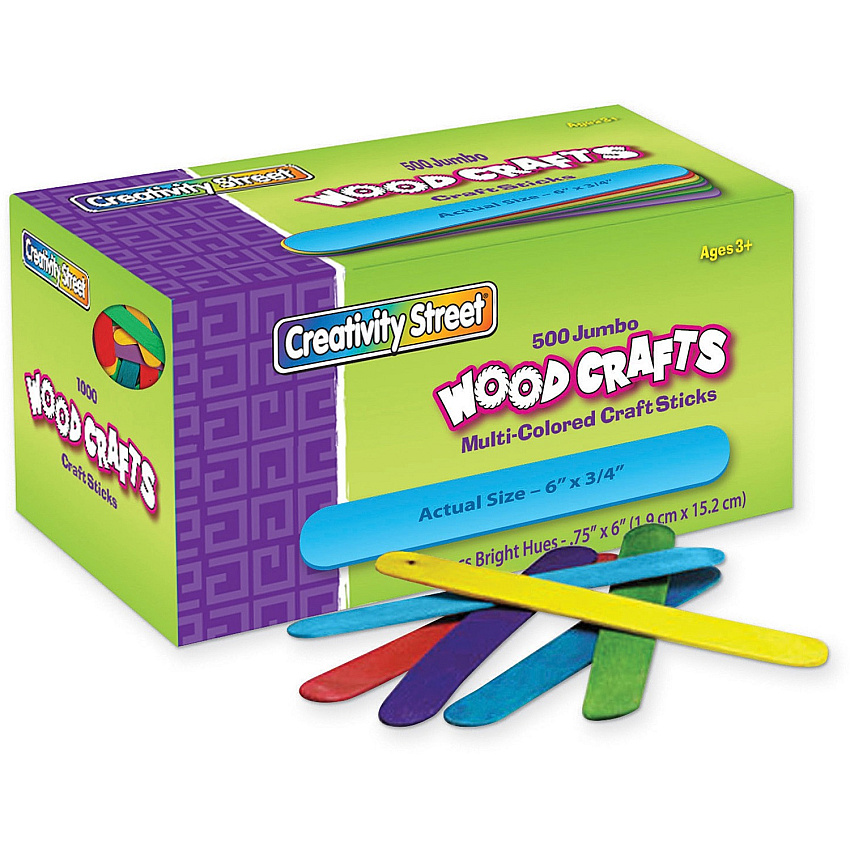 Creativity Street Jumbo Craft Sticks Bright Assortment Craft, Project - 0.75" Width x 2" Thickness x 6" Length - Assorted - Wood - 500 / Box (377602)