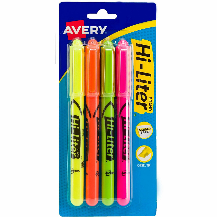 Avery&reg; Pen-Style, Assorted Colors, 4 Count Chisel Marker Point - Washable - Fluorescent Yellow, Fluorescent Pink, Fluorescent Orange, Fluorescent Green Ink - Water Based - Fluorescent Yellow, Fluorescent Pink, Fluorescent Orange, Fluorescent G (23545)
