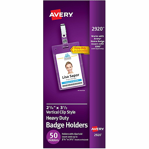 Avery(R) Heavy Duty Badge Holders, 3.5" x 2.25" , 50 Vertical Name Badge Holders with Clips Support 2.25" x 3.50" Media - Portrait - 2.3" Width x 3.3" Length - Polyvinyl Chloride (PVC) - Clear - Reusable, Durable, Top Loading, Secure, Clip-on, Heav (2920)