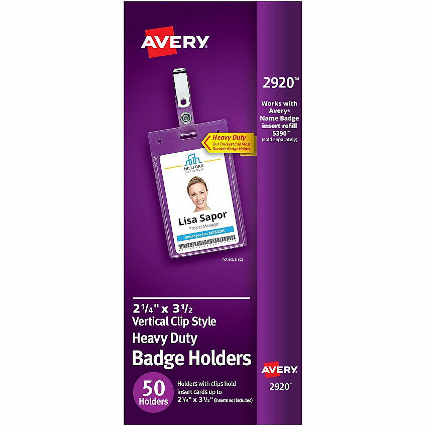 Avery(R) Heavy Duty Badge Holders, 3.5" x 2.25" , 50 Vertical Name Badge Holders with Clips Support 2.25" x 3.50" Media - Portrait - 2.3" Width x 3.3" Length - Polyvinyl Chloride (PVC) - Clear - Reusable, Durable, Top Loading, Secure, Clip-on, Heav (2920)
