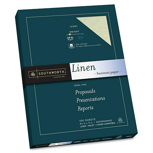Southworth 25% Cotton Linen Business Paper Letter - 8 1/2" x 11" - 24 lb Basis Weight - Linen - 100 / Box - Acid-free, Watermarked, Date-coded - Ivory (P564CK)