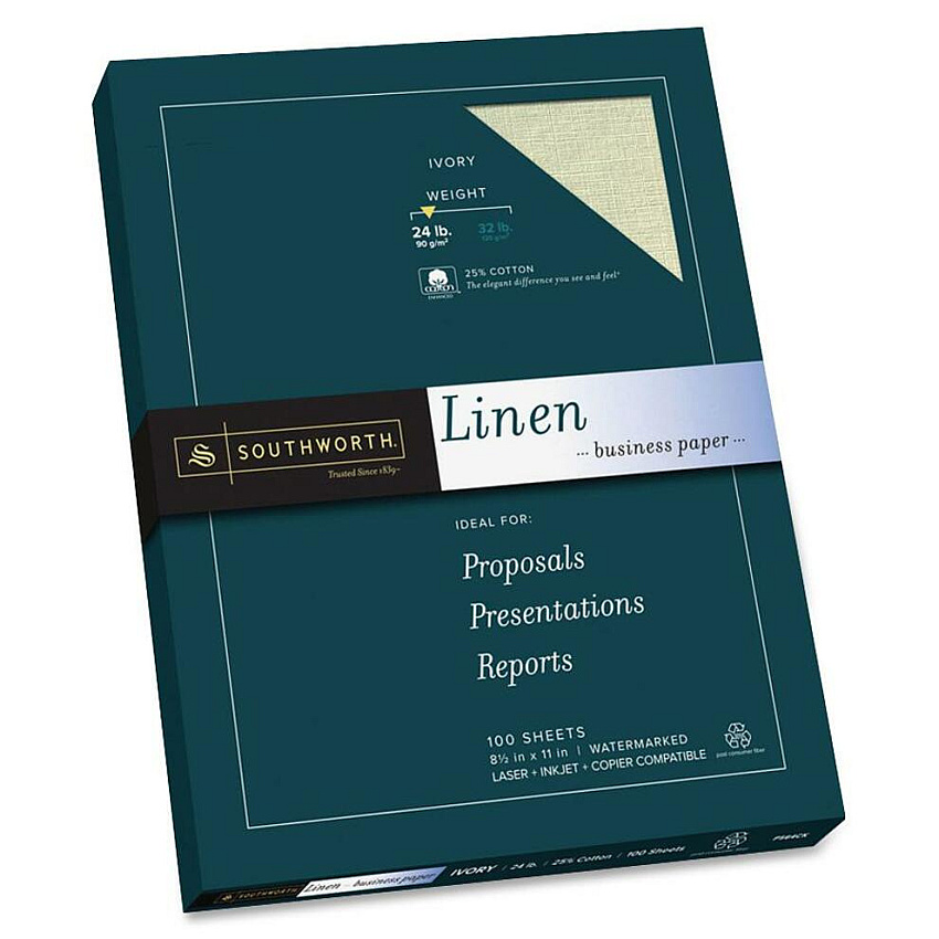 Southworth 25% Cotton Linen Business Paper Letter - 8 1/2" x 11" - 24 lb Basis Weight - Linen - 100 / Box - Acid-free, Watermarked, Date-coded - Ivory (P564CK)