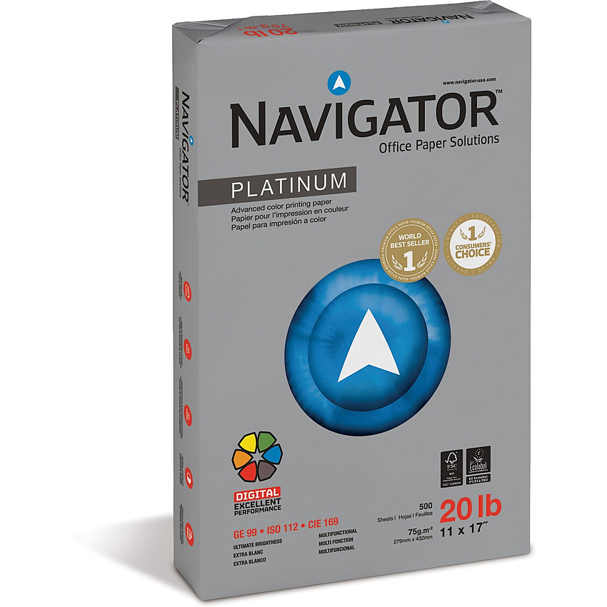 Navigator Platinum Superior Productivity Multipurpose Paper - Silky Touch - White 99 Brightness - 93% Opacity - 11" x 17" - 20 lb Basis Weight - Smooth - Jam-free, Chlorine-free - Bright White - 500 Sheets per Ream - 5 / Carton (NPL1720)