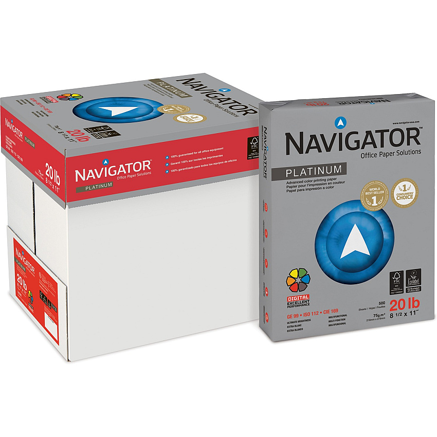 Navigator Platinum Superior Productivity Multipurpose Paper - Silky Touch - White 99 Brightness - 93% Opacity - Letter - 8 1/2" x 11" - 20 lb Basis Weight - Smooth - Jam-free, Chlorine-free - White - 500 Sheets per Ream - 5 / Carton (NPL11205R)