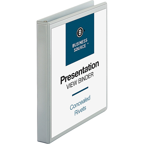Business Source Standard View Round Ring Binder 1" Binder Capacity - Letter - 8 1/2" x 11" Sheet Size - 225 Sheet Capacity - 3 x Round Ring Fastener(s) - 2 Internal Pocket(s) - White - 8 oz - Concealed Rivet, Non Locking Mechanism, Clear Overla (BSN09981)