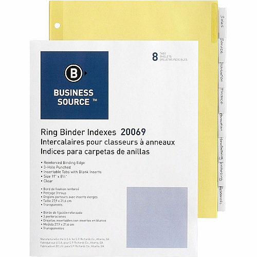 Business Source Buff Stock Ring Binder Indexes 8 x Divider(s) - Blank Tab(s) - 8 Tab(s)/Set - 1.25" Tab Width - 8.5" Divider Width x 11" Divider Length - Letter - 3 Hole Punched - Clear Buff Paper Divider - Clear Tab(s) - Tear Resistant, Reinfo (BSN20069)