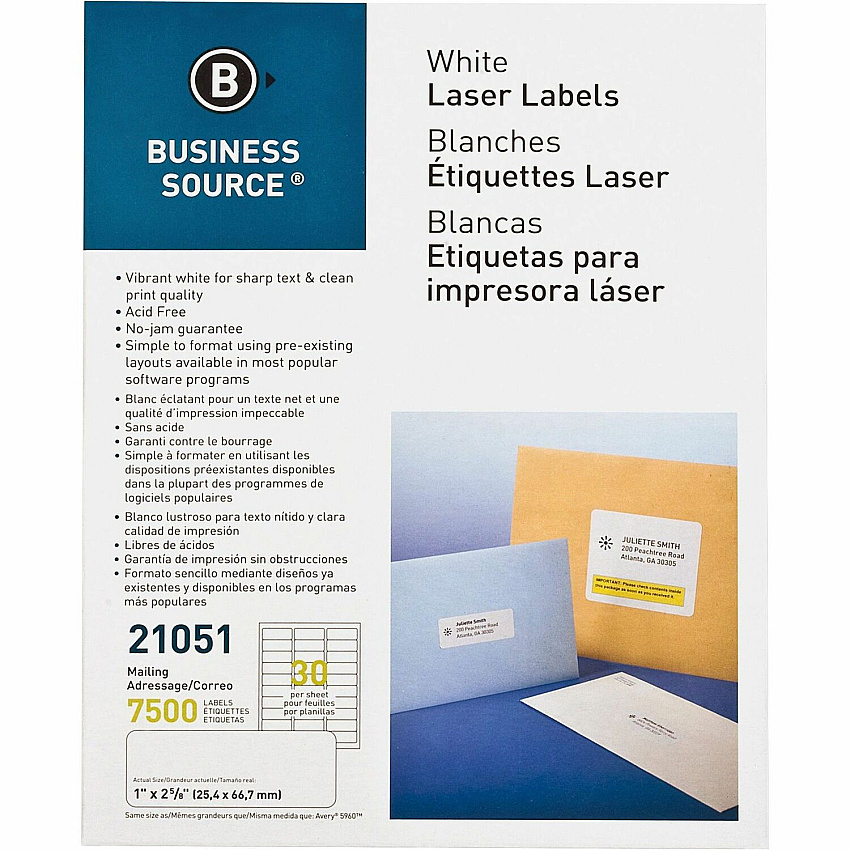 Business Source Bright White Premium-quality Address Labels 1" Width x 2 5/8" Length - Permanent Adhesive - Rectangle - Laser, Inkjet - White - Jam-free - 30 / Sheet - 250 Total Sheets - 7500 / Pack (BSN21051)