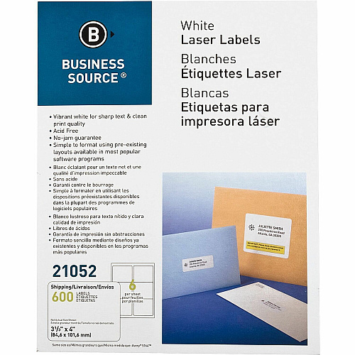 Business Source Bright White Premium-quality Address Labels 3 1/3" Width x 4" Length - Permanent Adhesive - Rectangle - Laser, Inkjet - White - Jam-free - 6 / Sheet - 100 Total Sheets - 600 / Pack (BSN21052)