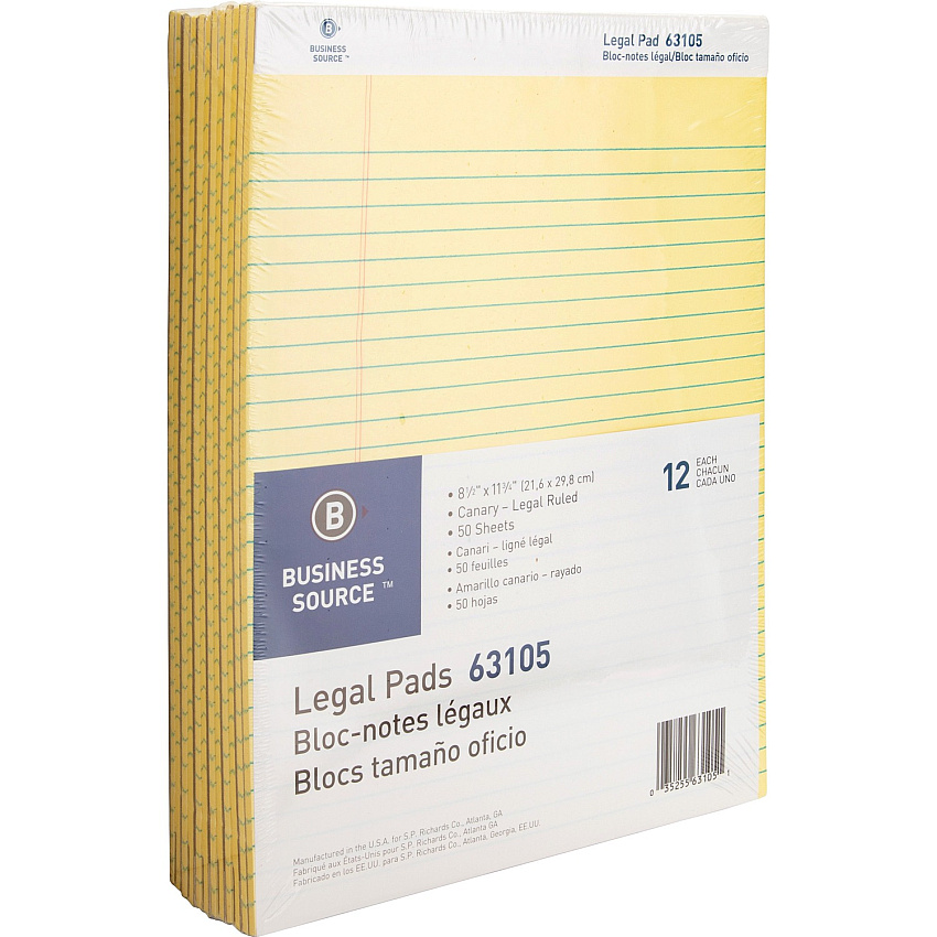 Business Source Micro-Perforated Legal Ruled Pads 50 Sheets - 0.34" Ruled - 16 lb Basis Weight - 8 1/2" x 11 3/4" Sheet Size - Canary Paper - Micro Perforated, Easy Tear, Sturdy Back - 1 Dozen (BSN63105)