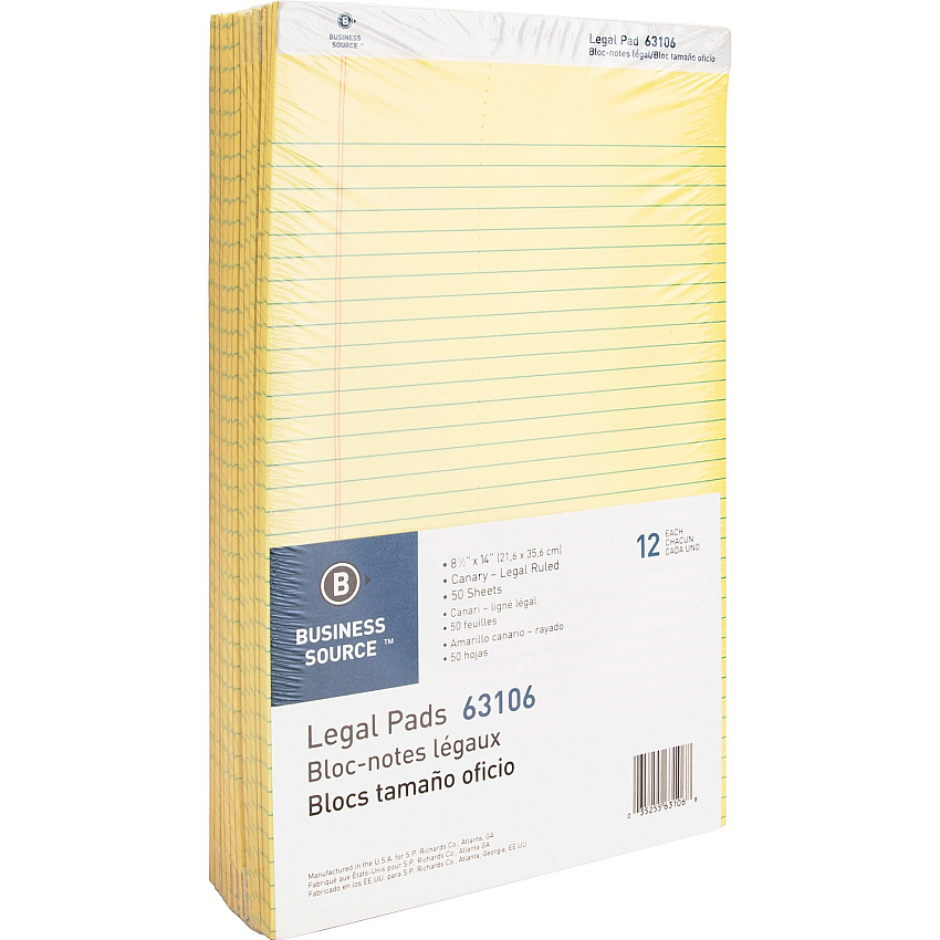Business Source Legal Pads 50 Sheets - 0.34" Ruled - 16 lb Basis Weight - Legal - 8 1/2" x 14" Sheet Size - Canary Paper - Micro Perforated, Easy Tear, Sturdy Back - 1 Dozen (BSN63106)