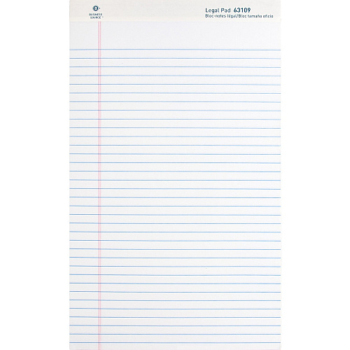 Business Source Writing Pads 50 Sheets - 0.34" Ruled - 16 lb Basis Weight - Legal - 8 1/2" x 14" Sheet Size - White Paper - Micro Perforated, Easy Tear, Sturdy Back - 1 Dozen (BSN63109)