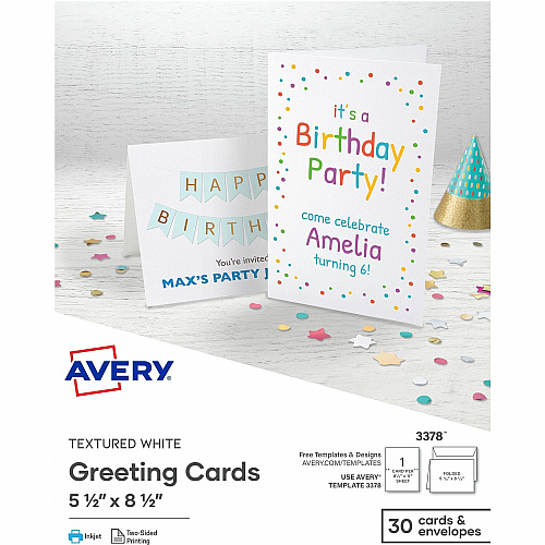Avery&reg; Half-Fold Greeting Cards, Textured, Uncoated, 5-1/2" x 8-1/2" , 30 Cards (3378) 5 1/2" x 8 1/2" - Textured - Uncoated, Heavyweight - White - 30/Pack - 6 / Carton (03378)