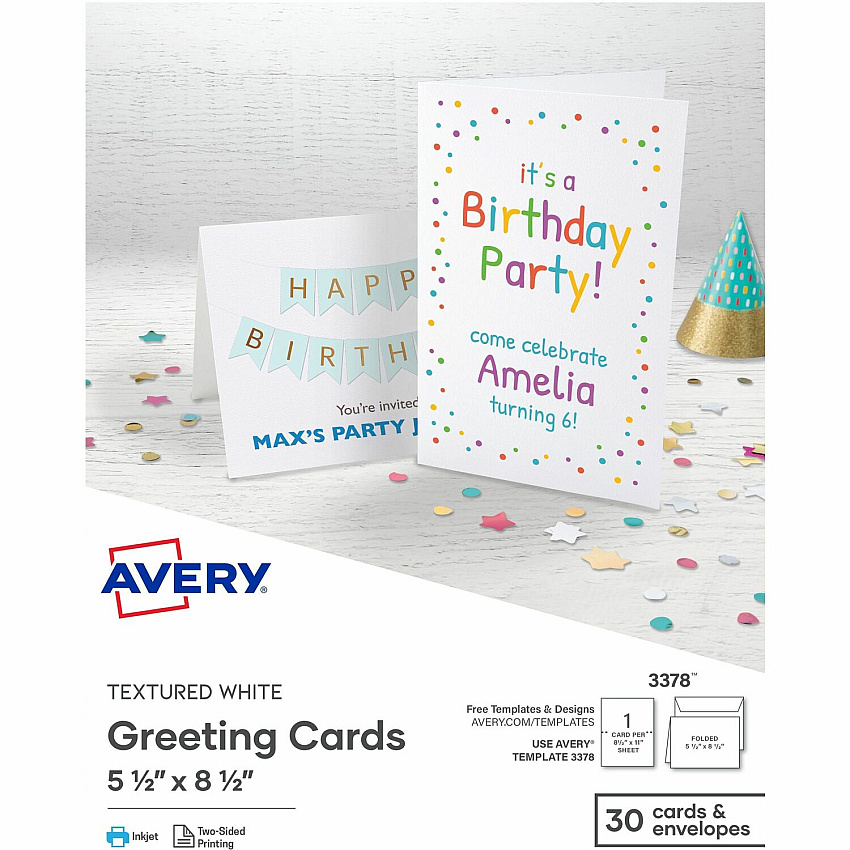 Avery&reg; Half-Fold Greeting Cards, Textured, Uncoated, 5-1/2" x 8-1/2" , 30 Cards (3378) 5 1/2" x 8 1/2" - Textured - Uncoated, Heavyweight - White - 30/Pack - 6 / Carton (03378)
