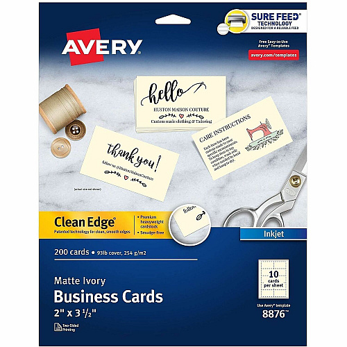 Avery&reg; Clean Edge Business Cards, 2" x 3.5" , Ivory, 200 90 Brightness - 2" x 3 1/2" - 93 lb Basis Weight - 254 g/m² Grammage - Matte - Heavyweight, Perforated, Smooth Edge, Double-sided, Double-sided, Smudge-free, Jam-free, Printable, Av (08876)