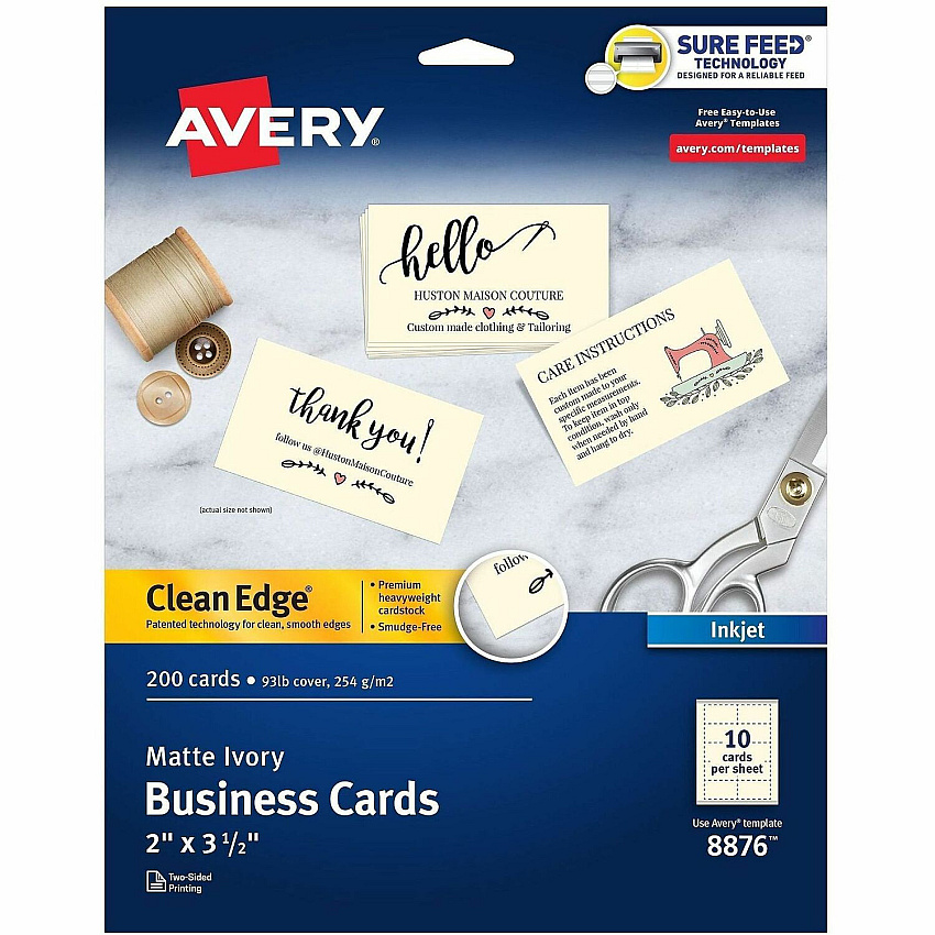 Avery&reg; Clean Edge Business Cards, 2" x 3.5" , Ivory, 200 90 Brightness - 2" x 3 1/2" - 93 lb Basis Weight - 254 g/m² Grammage - Matte - Heavyweight, Perforated, Smooth Edge, Double-sided, Double-sided, Smudge-free, Jam-free, Printable, Av (08876)