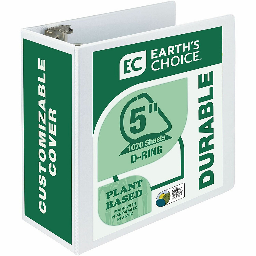Samsill Earth's Choice Plant-based Durable View Binder 5" Binder Capacity - Letter - 8 1/2" x 11" Sheet Size - 1070 Sheet Capacity - Fastener(s): D-Ring - Pocket(s): 2 - Plastic, Chipboard - White - 1.76 lb - Recycled - Archival-safe, Clear Overla (16907)