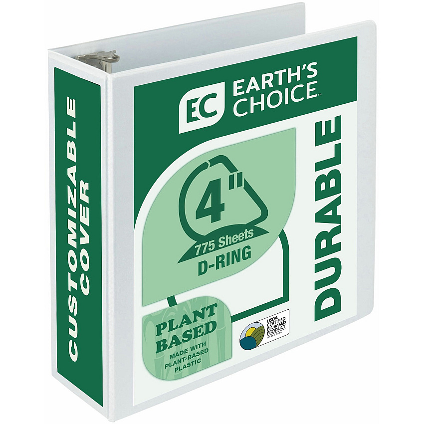 Samsill Earth's Choice Plant-based Durable View Binder 4" Binder Capacity - Letter - 8 1/2" x 11" Sheet Size - 775 Sheet Capacity - Fastener(s): D-Ring - Pocket(s): 2 - Plastic, Chipboard - White - 1.45 lb - Recycled - Archival-safe, Clear Overlay (16997)