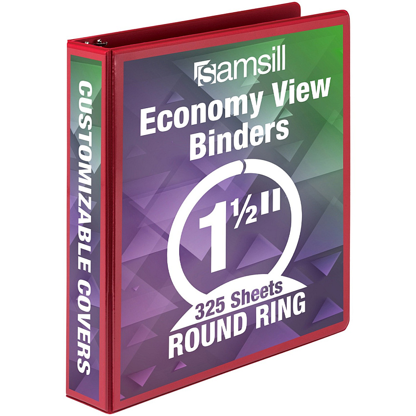 Samsill Economy 1-1/2" Round Ring View Binders 1 1/2" Binder Capacity - Letter - 8 1/2" x 11" Sheet Size - 350 Sheet Capacity - 3 x Round Ring Fastener(s) - 2 Internal Pocket(s) - Polypropylene, Chipboard - Red - 14.72 oz - Recycled - Exposed Rive (18553)