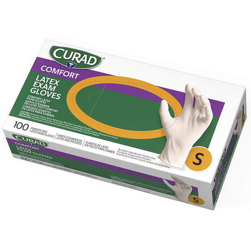 Curad Powder Free Latex Exam Gloves Small Size - White - Textured - For Healthcare Working - 100 / Box (CUR8104)