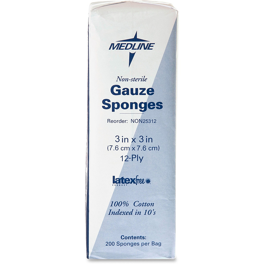 Medline Nonsterile Woven Gauze Sponges 12 Ply - 3" Width x 3" Length - White - 200 / Box (NON25312)