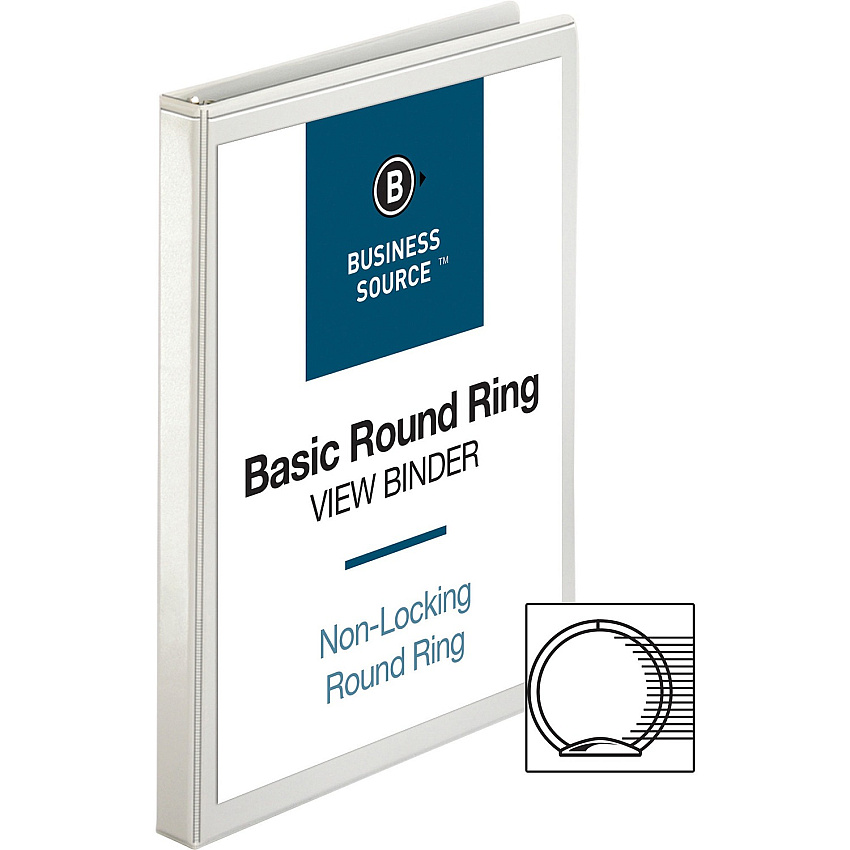 Business Source Round-ring View Binder 1/2" Binder Capacity - Letter - 8 1/2" x 11" Sheet Size - 125 Sheet Capacity - Fastener(s): Round Ring - Pocket(s): 2, Internal - Polypropylene - White - Wrinkle-free, Gap-free Ring, Clear Overlay, Non Loc (BSN09951)