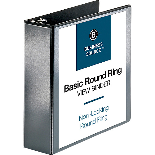 Business Source Round-ring View Binder 3" Binder Capacity - Letter - 8 1/2" x 11" Sheet Size - 625 Sheet Capacity - Fastener(s): Round Ring - Pocket(s): 2, Internal - Polypropylene - Black - Wrinkle-free, Gap-free Ring, Clear Overlay, Non Locki (BSN09958)