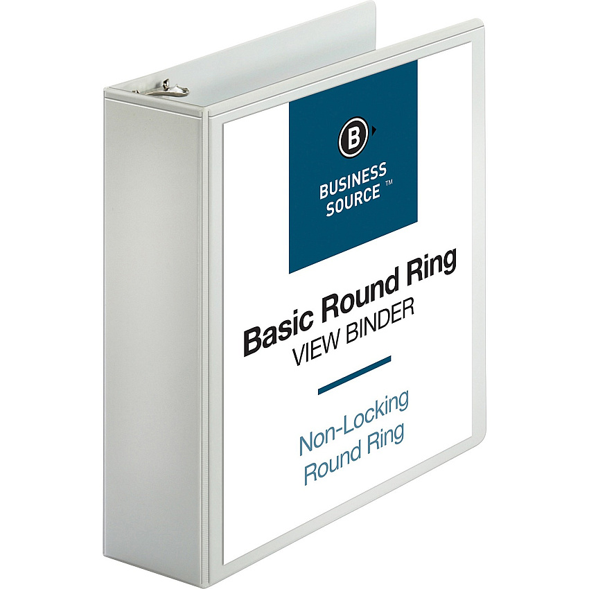 Business Source Round-ring View Binder 3" Binder Capacity - Letter - 8 1/2" x 11" Sheet Size - 625 Sheet Capacity - Fastener(s): Round Ring - Pocket(s): 2, Internal - Polypropylene - White - Wrinkle-free, Gap-free Ring, Clear Overlay, Non Locki (BSN09959)