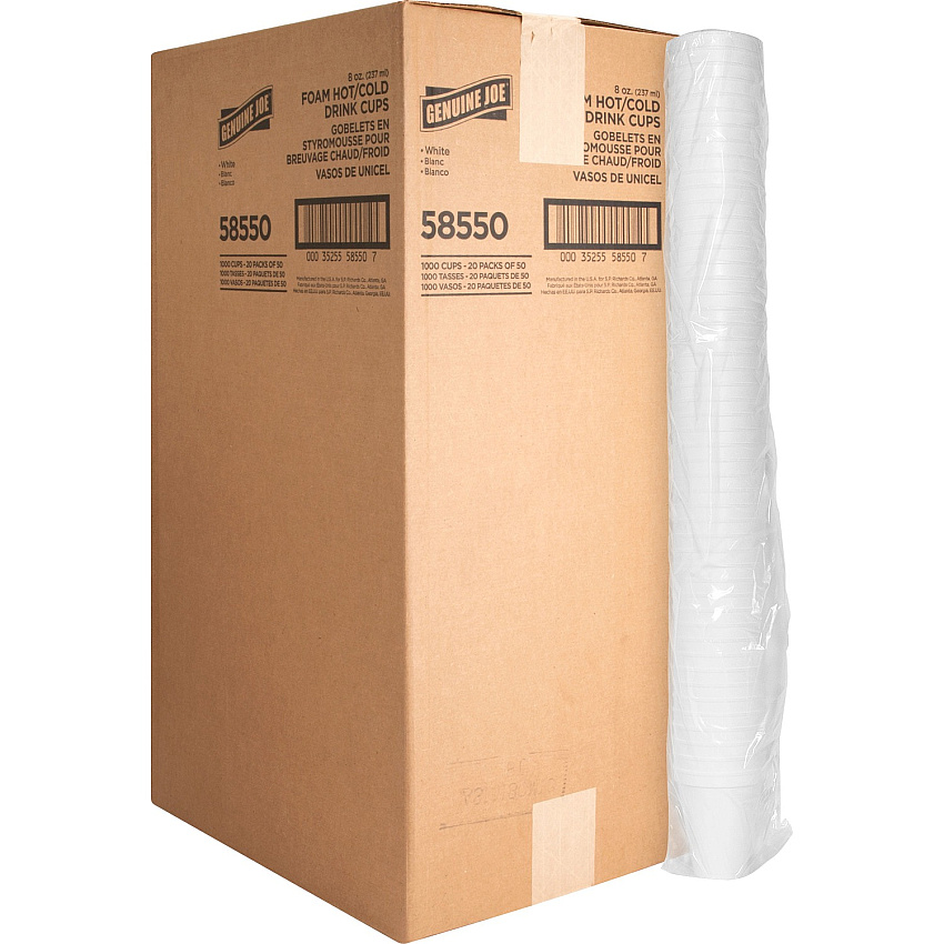 Genuine Joe 8 oz Hot/Cold Foam Cups 8 fl oz - White - Foam - Hot Drink, Cold Drink - 50/Pack - 20 / Carton (GJO58550)
