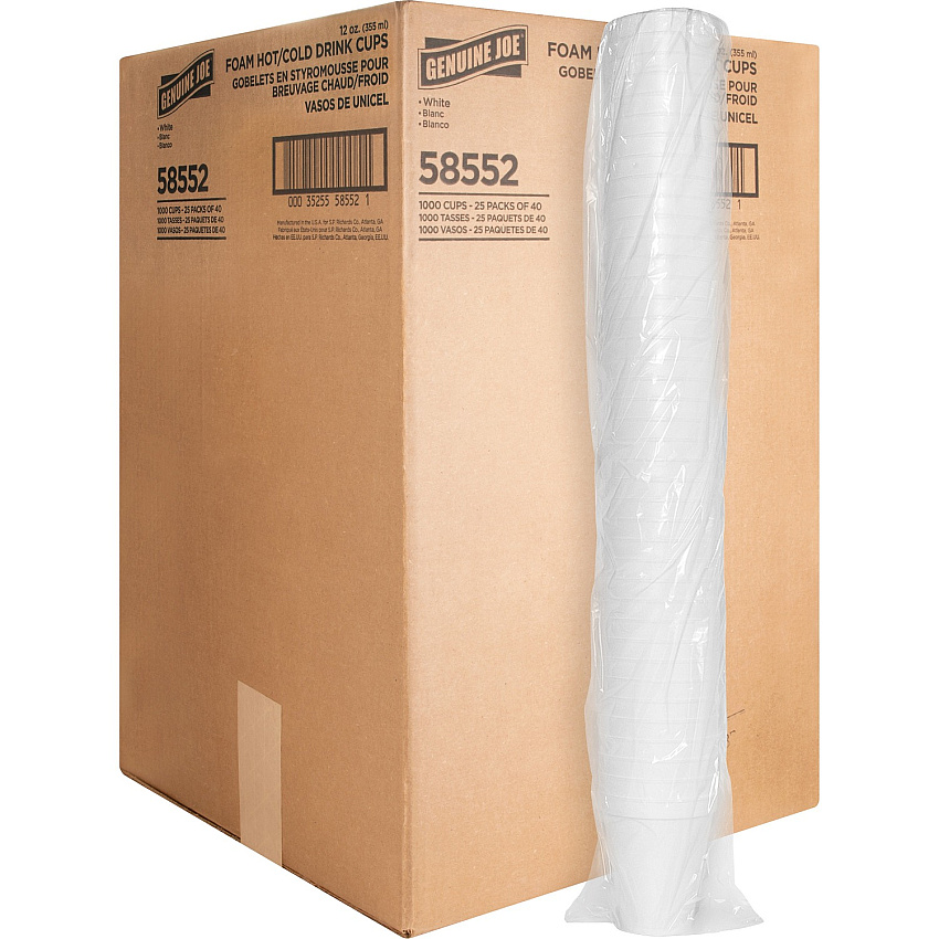 Genuine Joe 12 oz Hot/Cold Foam Cups 12 fl oz - White - Foam - Hot Drink, Cold Drink - 40/Pack - 25 / Carton (GJO58552)