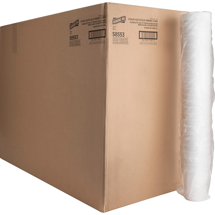 Genuine Joe 14 oz Hot/Cold Foam Cups 14 fl oz - White - Foam - Hot Drink, Cold Drink - 25 Cups/Pack - 40 / Carton (GJO58553)