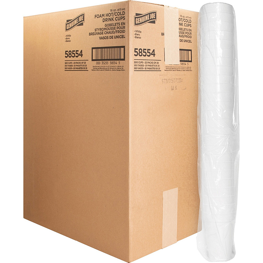 Genuine Joe 16 oz Hot/Cold Foam Cups 16 fl oz - White - Foam - Hot Drink, Cold Drink - 25/Pack - 20 / Carton (GJO58554)