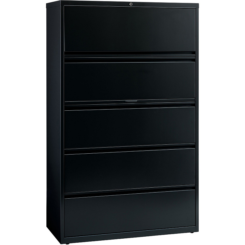 Lorell Fortress Series Lateral File w/Roll-out Posting Shelf 42" Width x 18.6" Depth x 67.7" Height - 5 x Drawer(s) for File - Letter, Legal, A4 - Lateral - Interlocking, Label Holder, Leveling Glide, Ball-bearing Suspension - Black - Recycled (LLR60550)