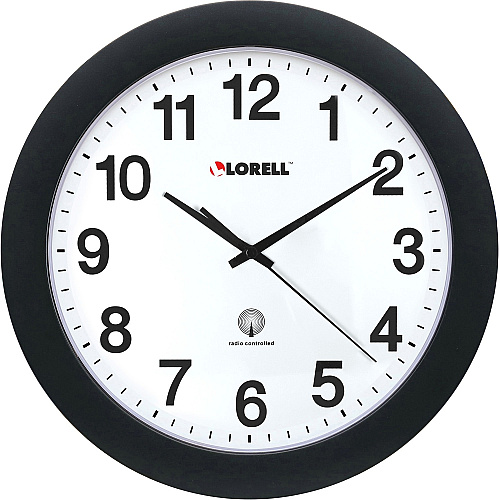 Lorell 12" Round Radio-Controlled Wall Clock Analog - Quartz - White Main Dial - Black Case - Plastic (60997)