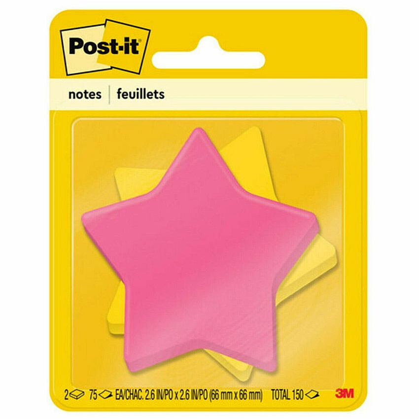 Post-it&reg; Super Sticky Die-Cut Notes 150 - 3" Flag/Note Width x 3" Flag/Note Length - Star - 75 Sheets per Pad - Unruled - Yellow, Pink - Self-adhesive - 2 / Pack (7350SSSTR)