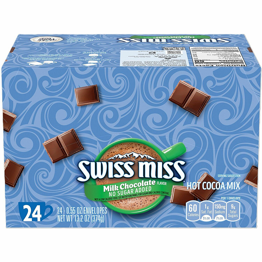 Swiss Miss Milk Chocolate No Sugar Added Cocoa Mix Packets Powder - 0.55 oz - Milk Chocolate - 24 / Box (HUN55584)